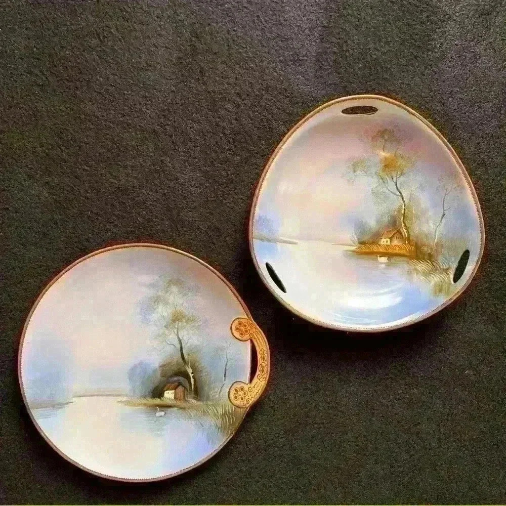 Vintage Noritake Decorative Plates- Pond Scene with Swans- Set of Two